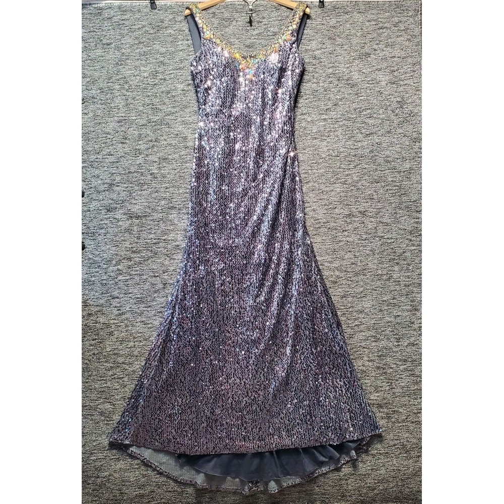 Y2K Night Moves Sequin Formal Evening Gown Women 10 Gray Rhinestone Pageant Prom